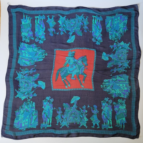 Vintage Accessories - Vintage Silk Chiffon Square Scarf Indian Motif Boho Chic Elevated Sophisticated